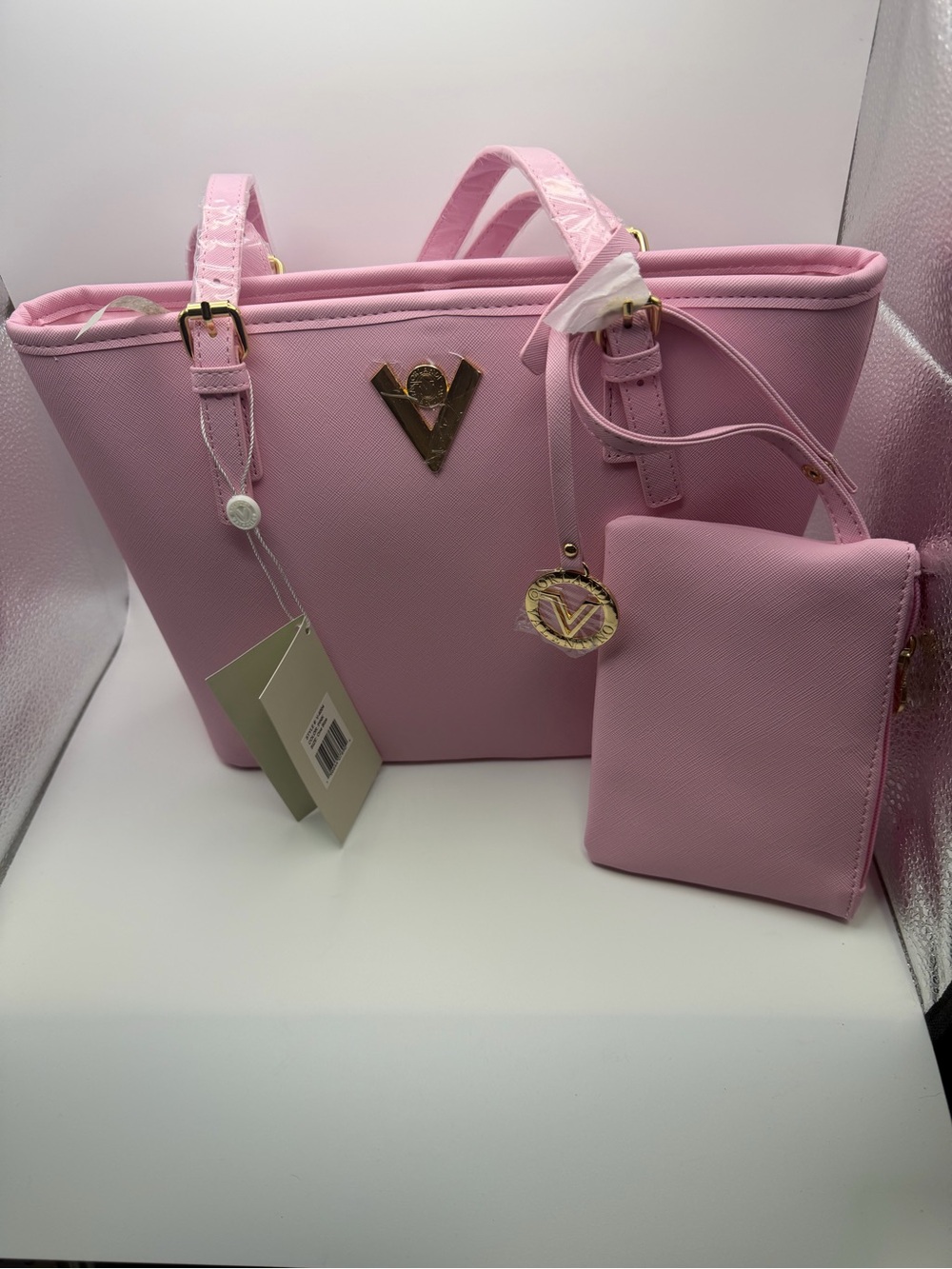 Valentino Orlandi Pink Tote with Matching Pouch and Gold Accents